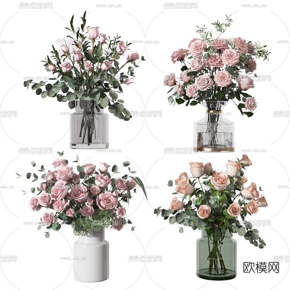 现代玫瑰花花瓶3d模型下载