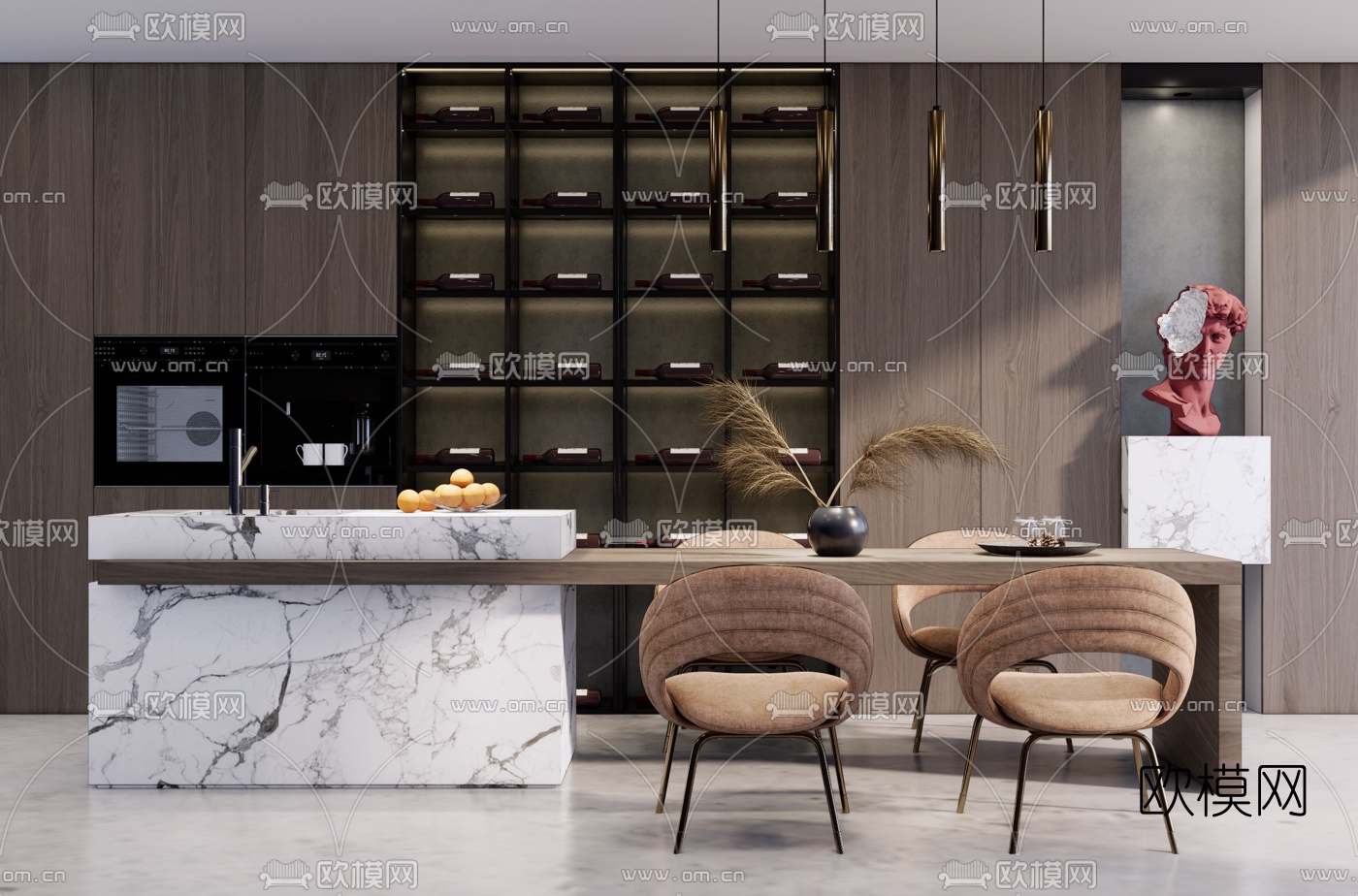 现代大理石吧台餐桌椅组合su模型下载（渲染图1）