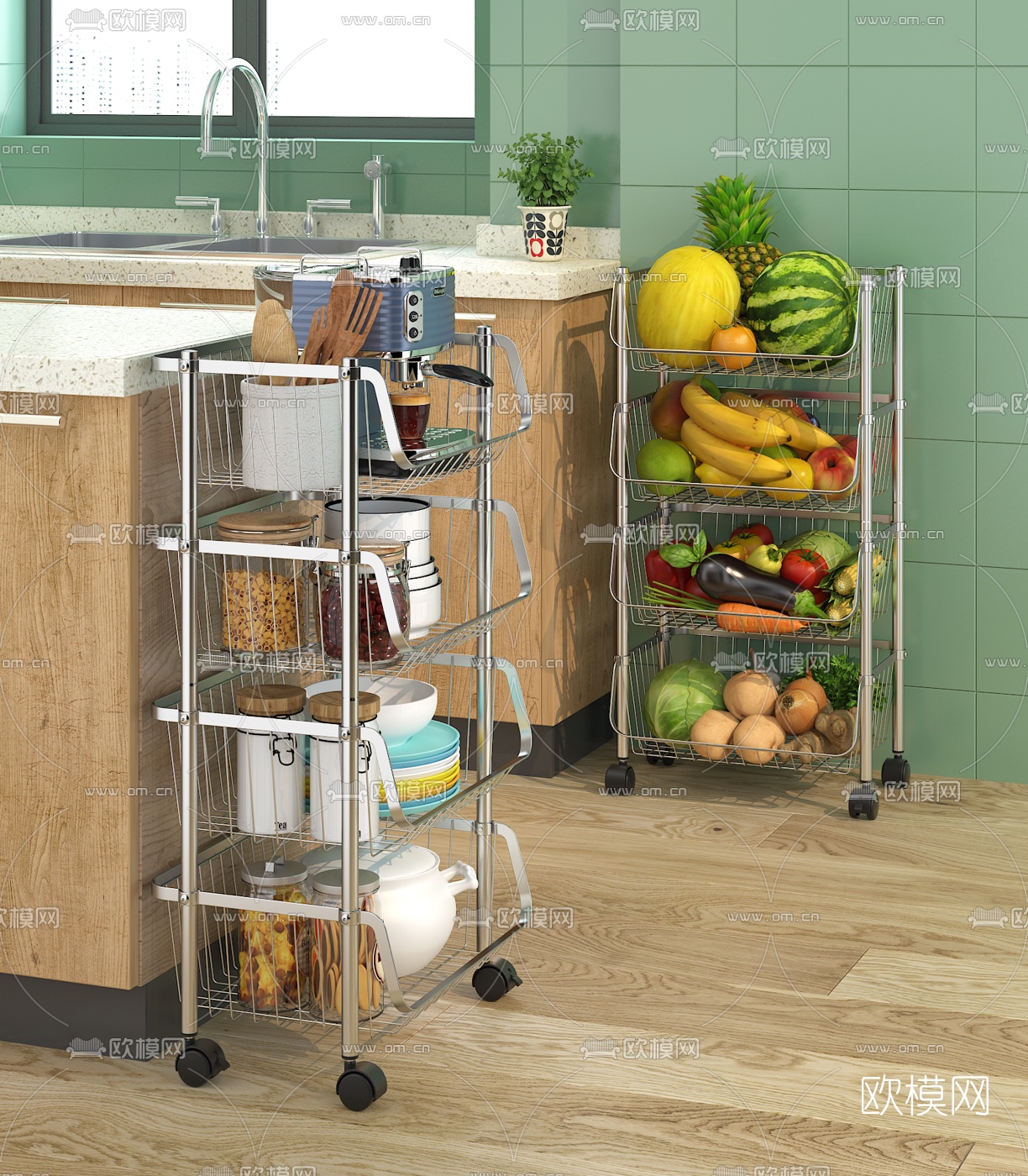 现代金属厨房储物架3d模型下载（渲染图1）