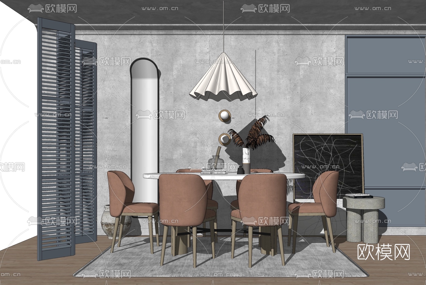 北欧原木餐桌椅su模型下载