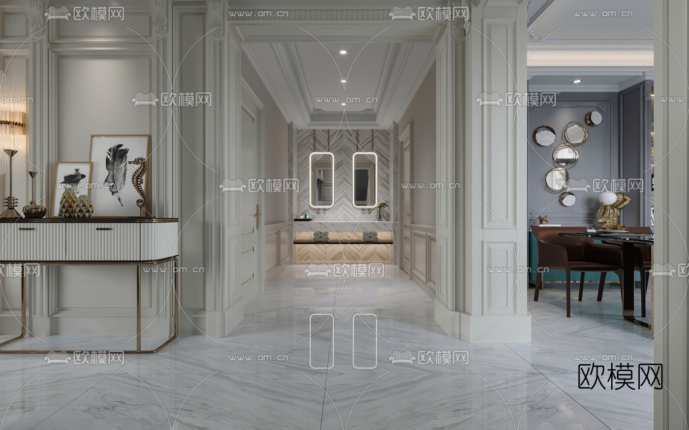 简欧轻奢客厅餐厅3d模型下载（渲染图3）