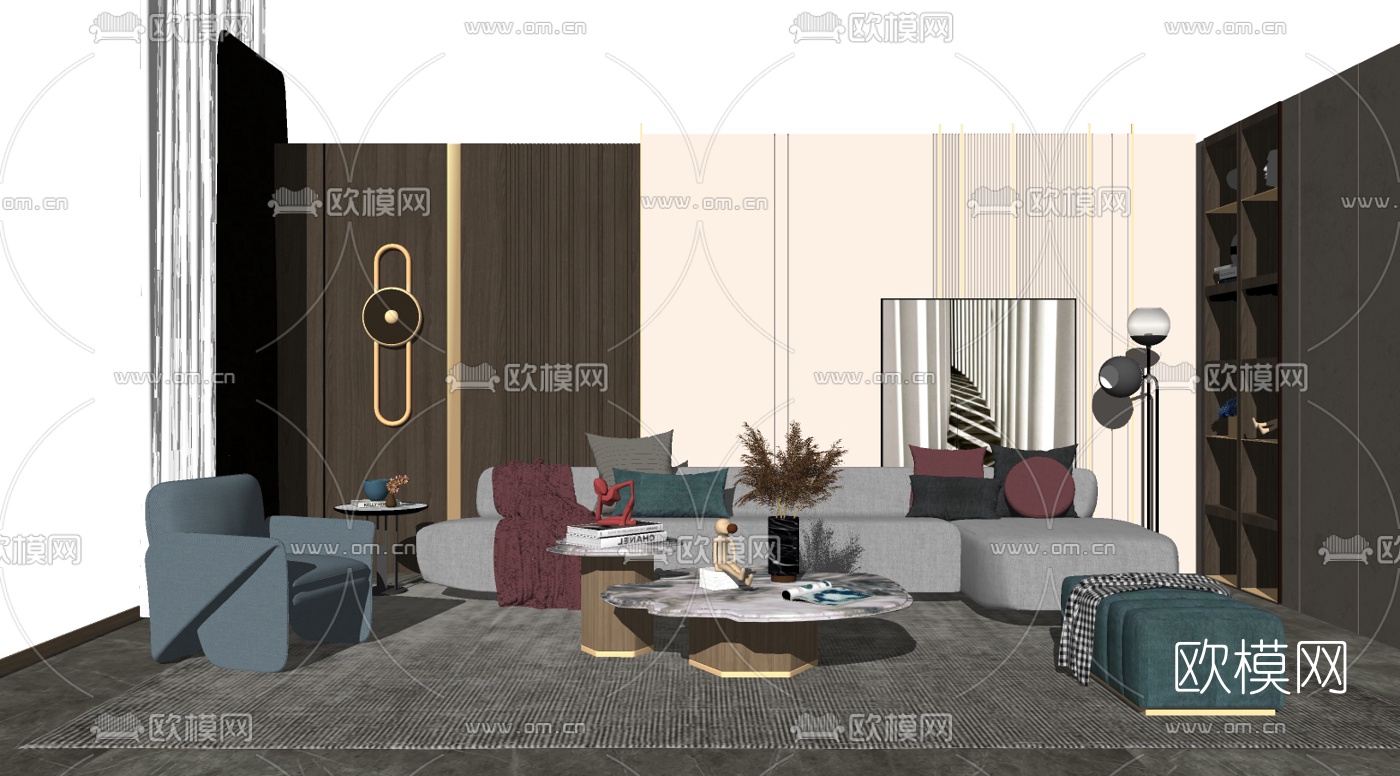 现代布艺转角沙发组合su模型