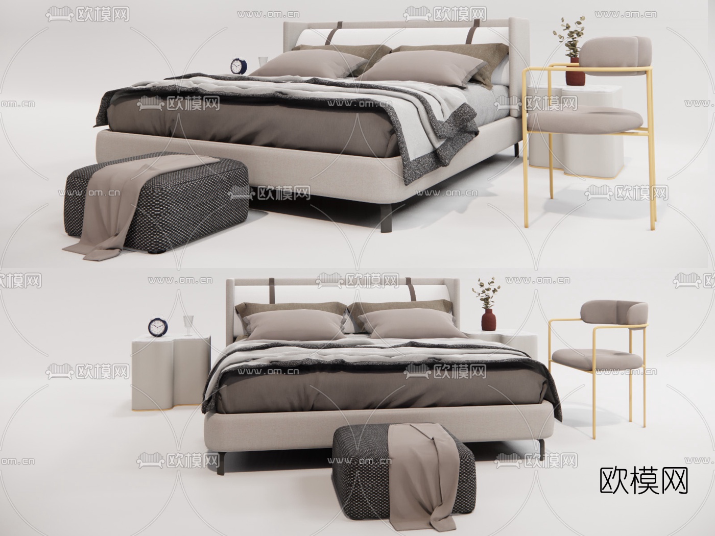 现代布艺双人床su模型下载（渲染图1）