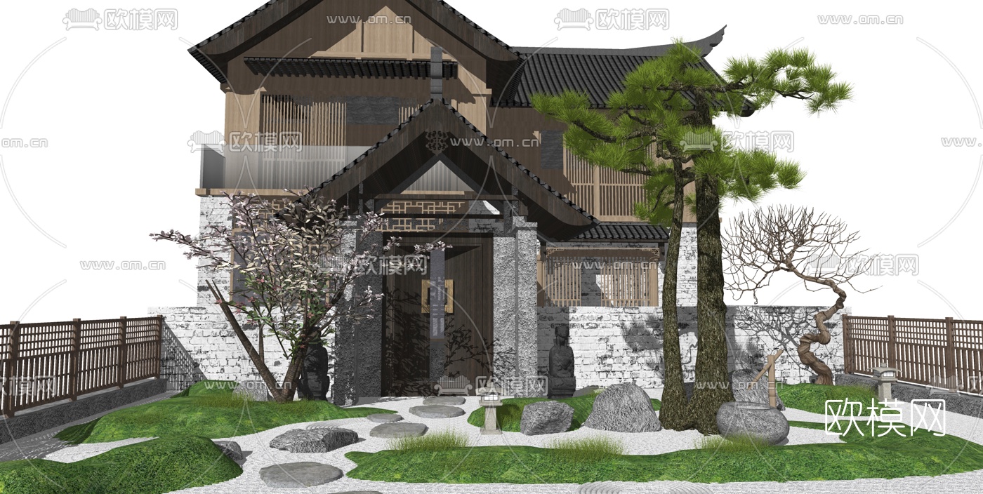 新中式庭院景观su模型下载