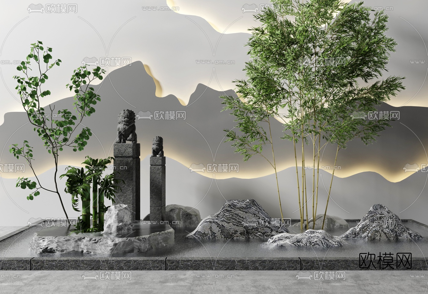 新中式假山翠竹园艺小品3d模型下载