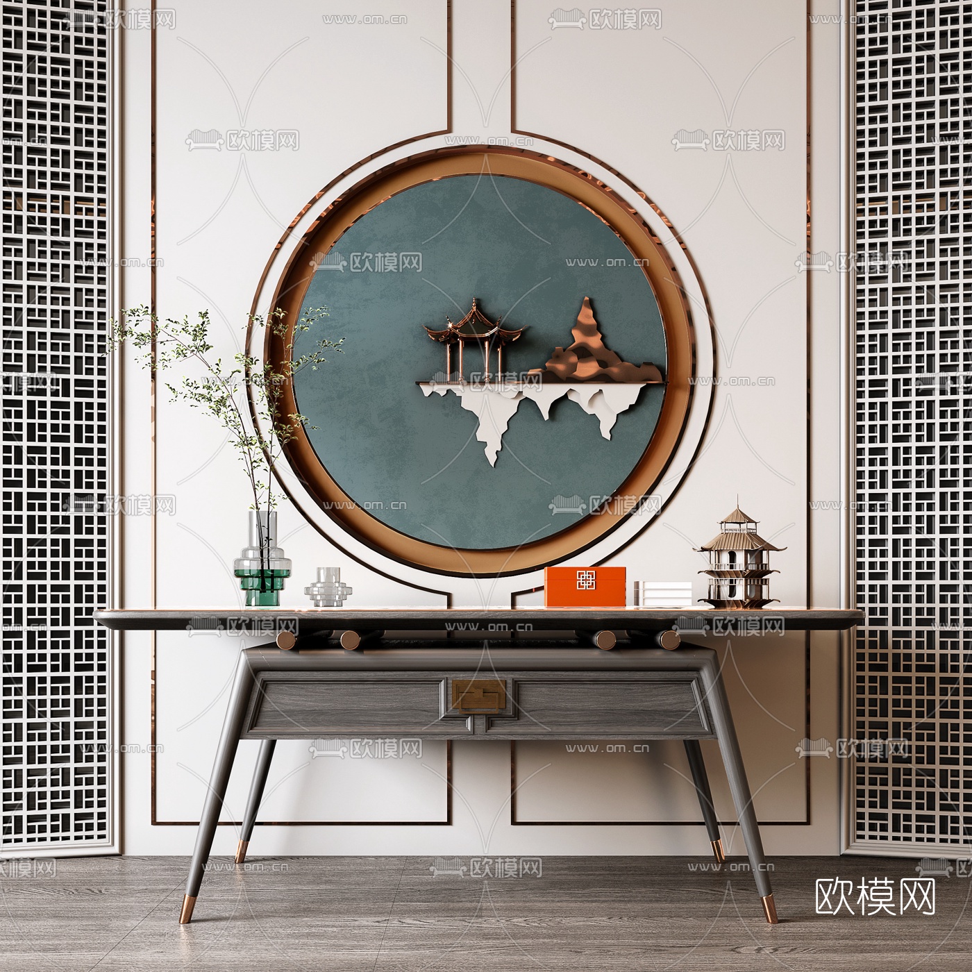 新中式实木端景台3d模型