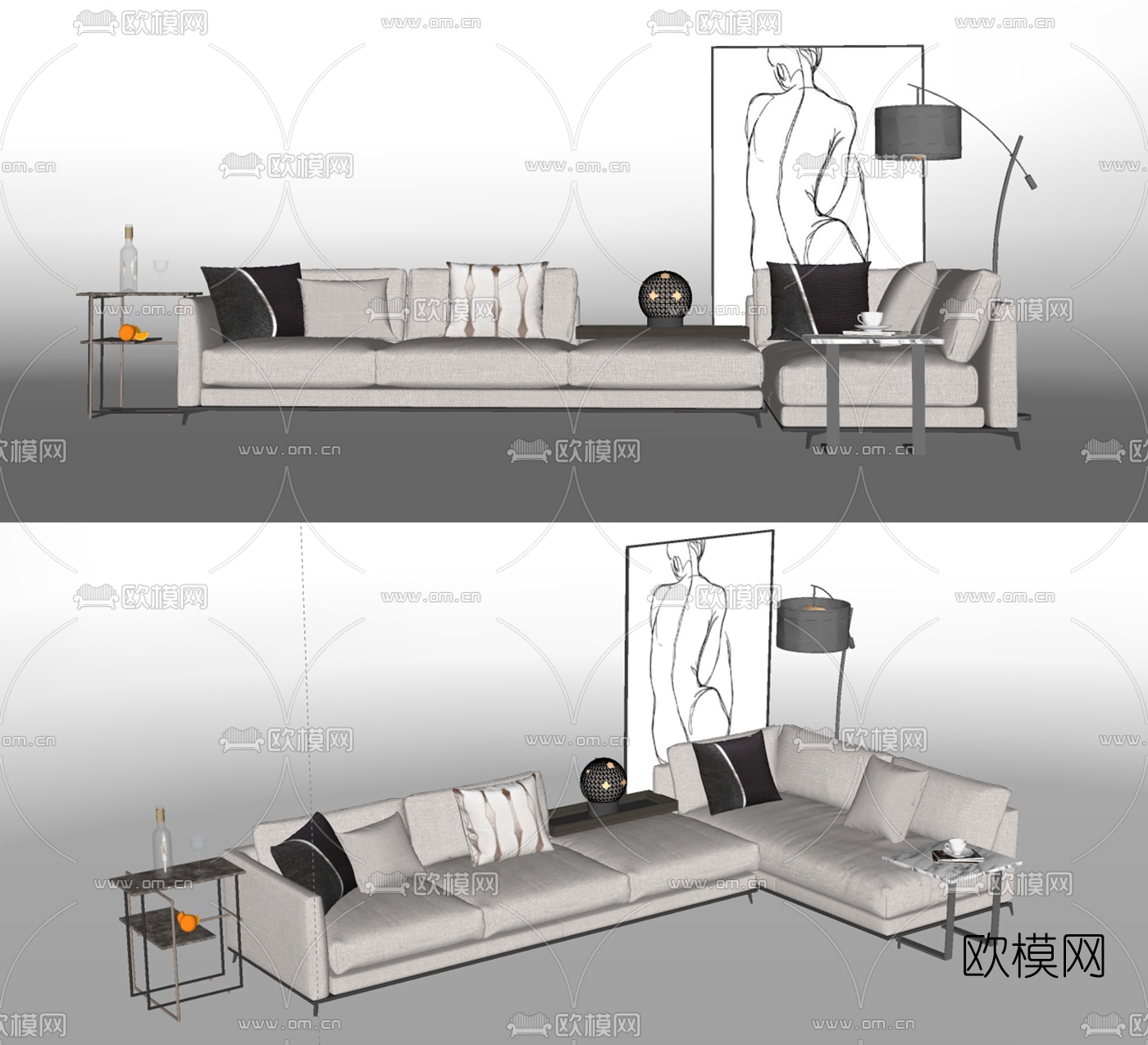现代转角多人沙发su模型下载（渲染图2）