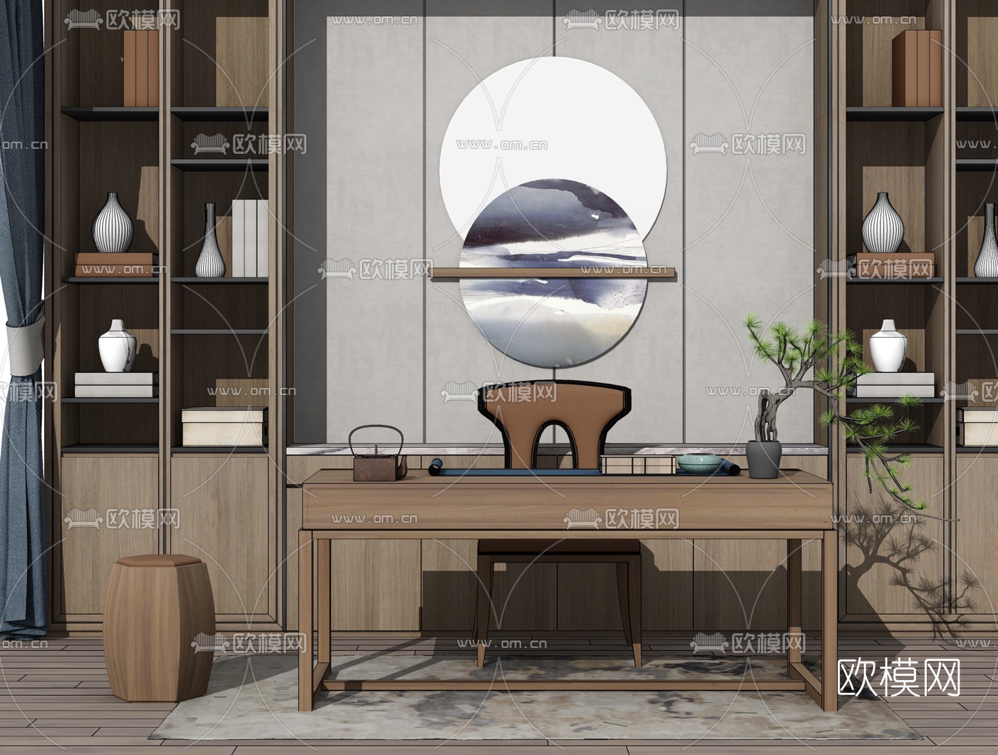 新中式实木书柜书桌椅su模型