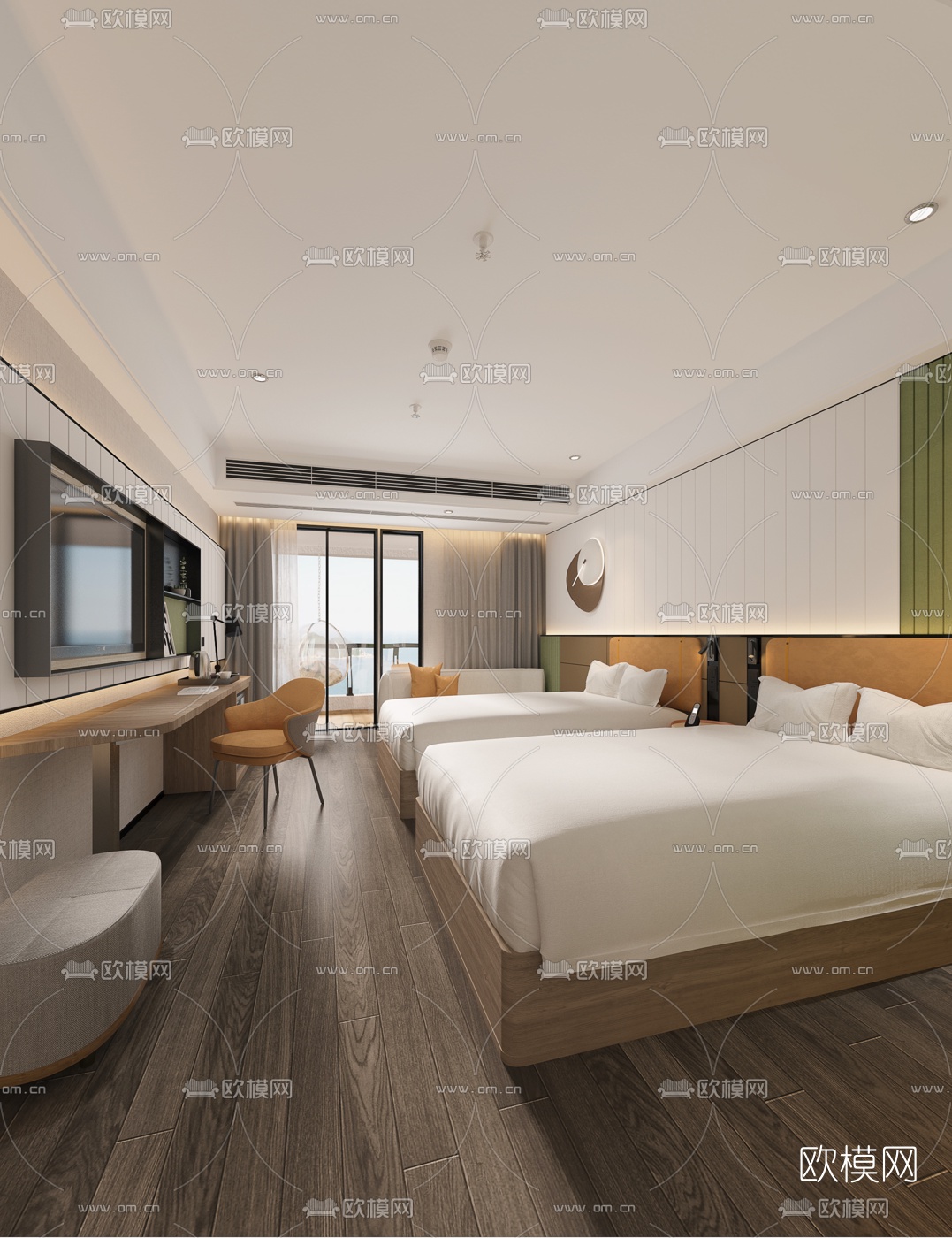 现代酒店双床客房3d模型