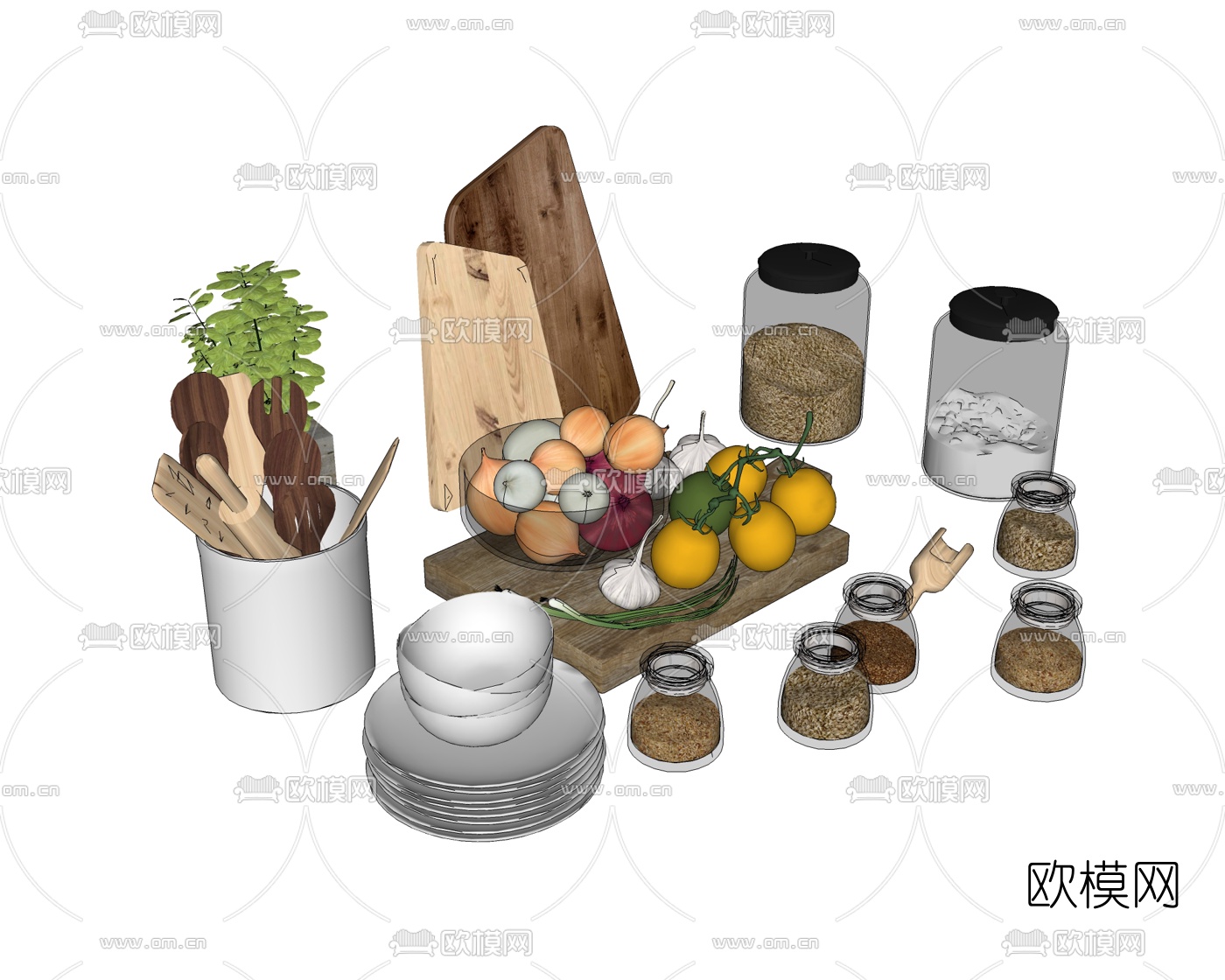 现代餐具调料罐水果组合su模型下载