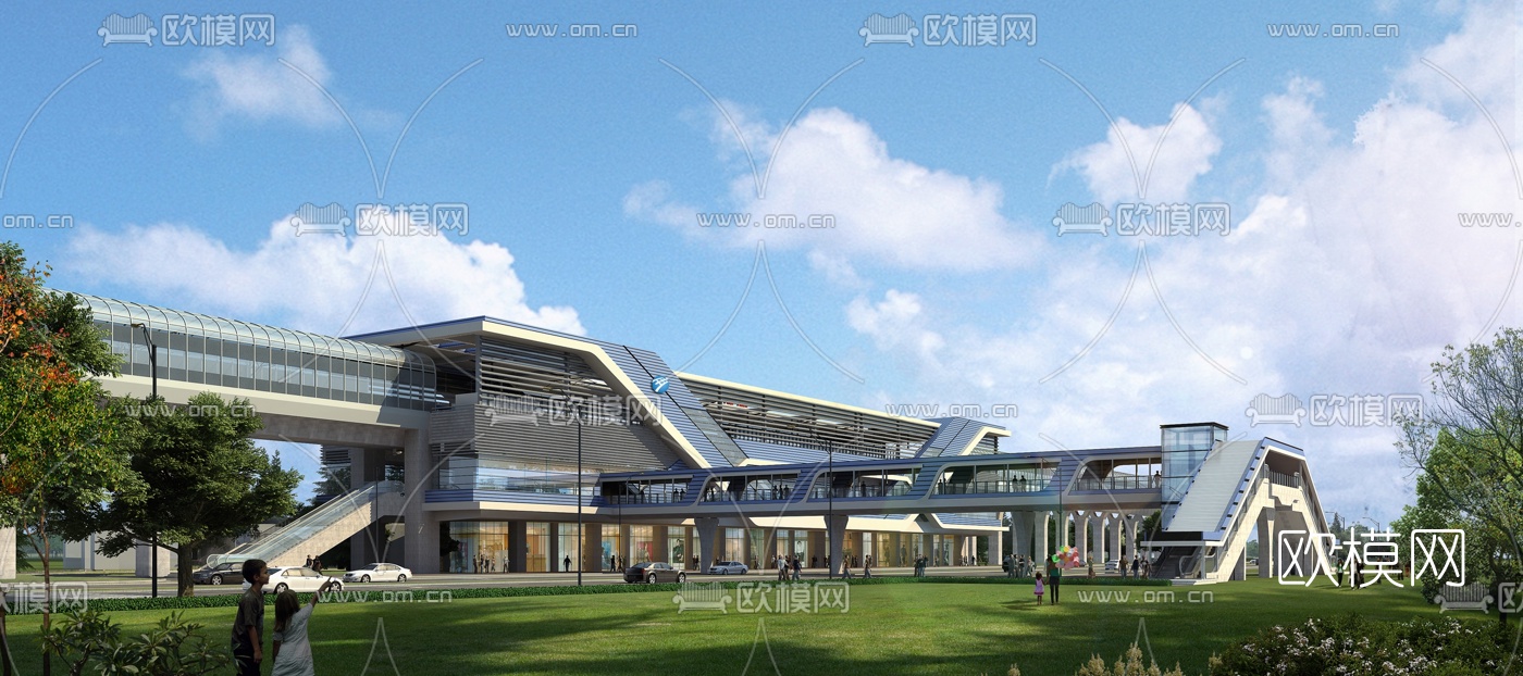 现代高铁站轻轨火车站台3d模型下载