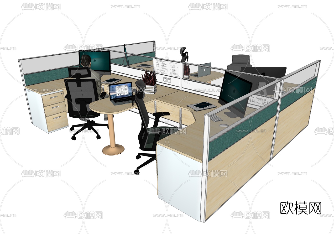 现代办公桌椅卡位su模型下载（渲染图2）