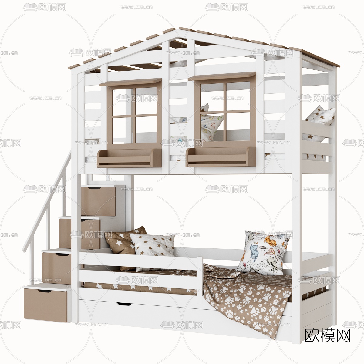 现代上下铺儿童床3d模型下载（渲染图1）