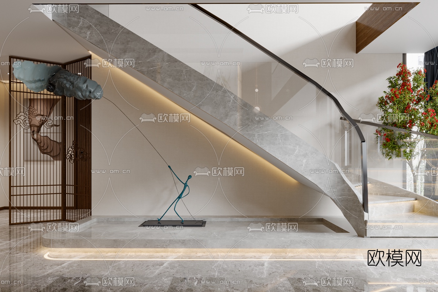 新中式别墅客厅餐厅3d模型