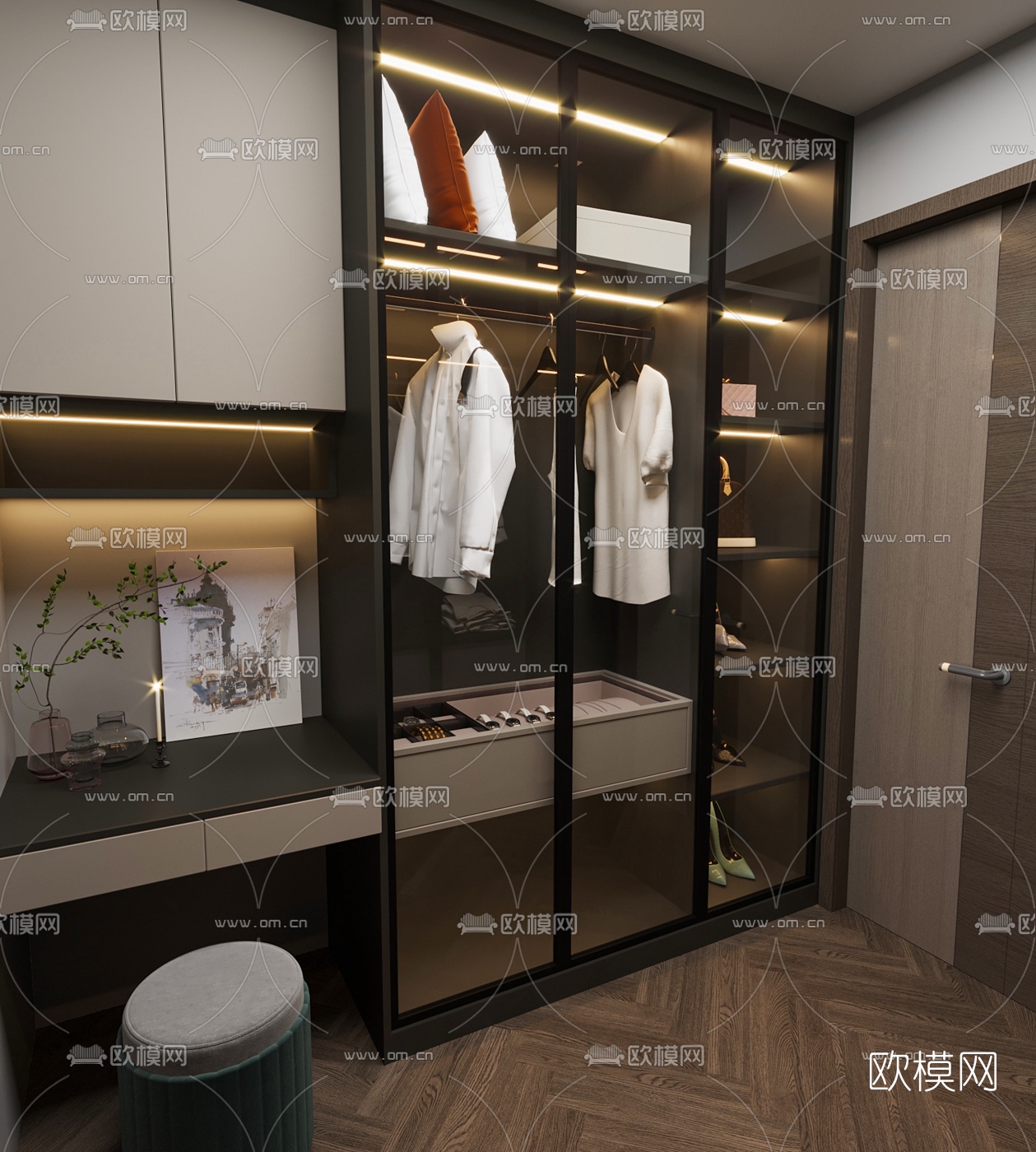 现代轻奢衣帽间3d模型下载（渲染图1）