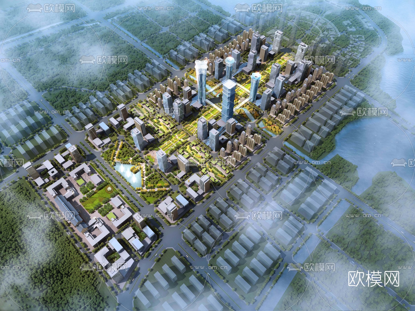 现代城市鸟瞰规划3d模型下载