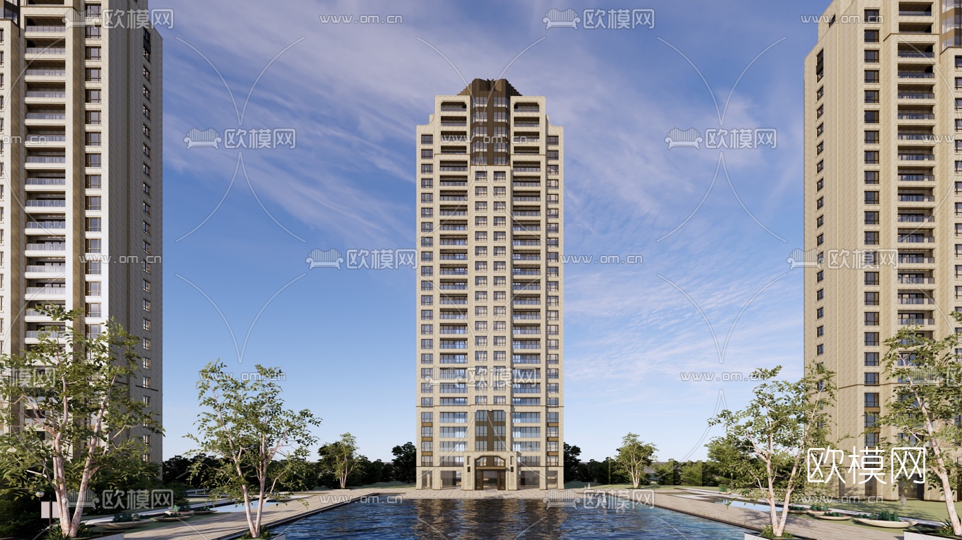 新古典高层楼王住宅su模型下载（渲染图2）