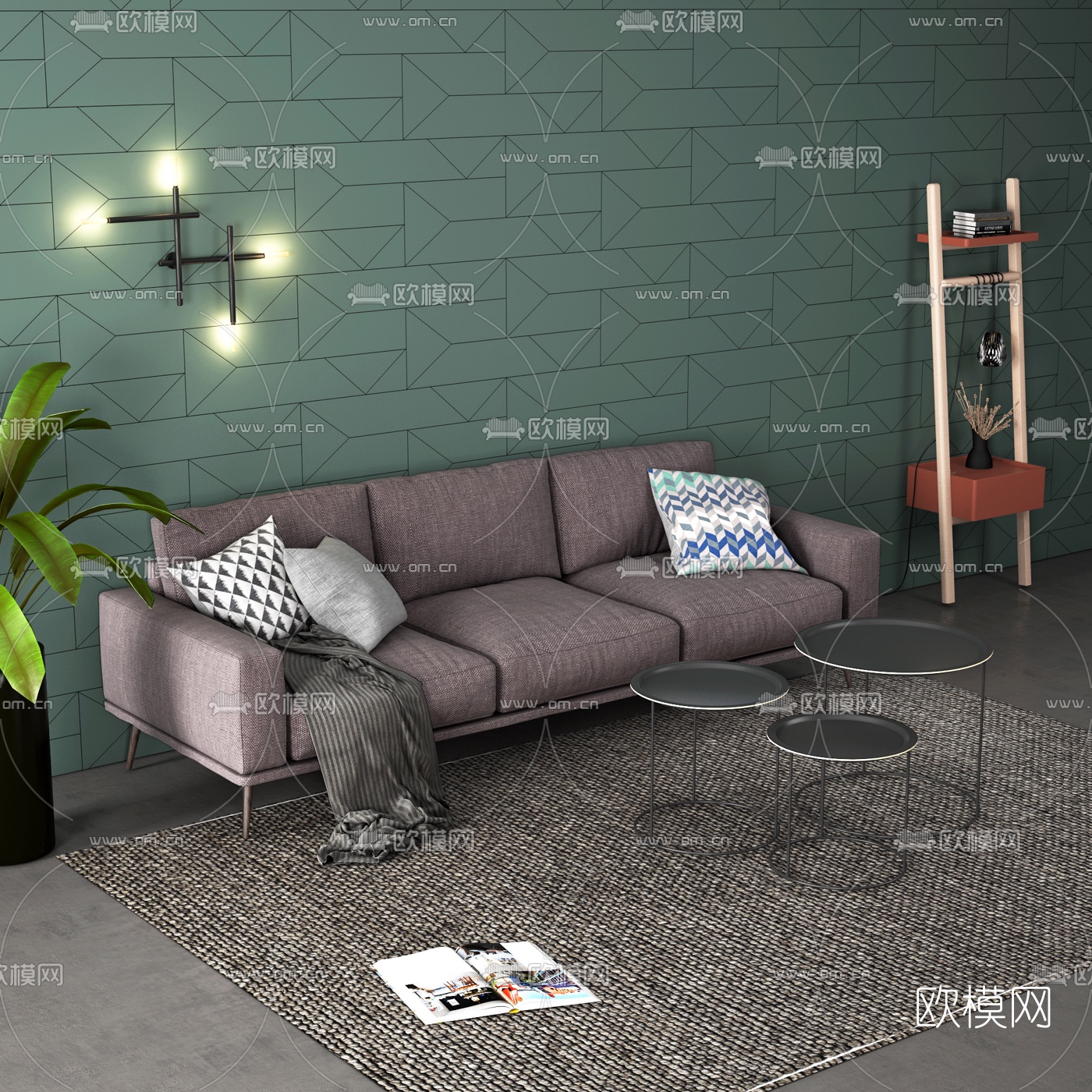北欧布艺多人沙发茶几3d模型