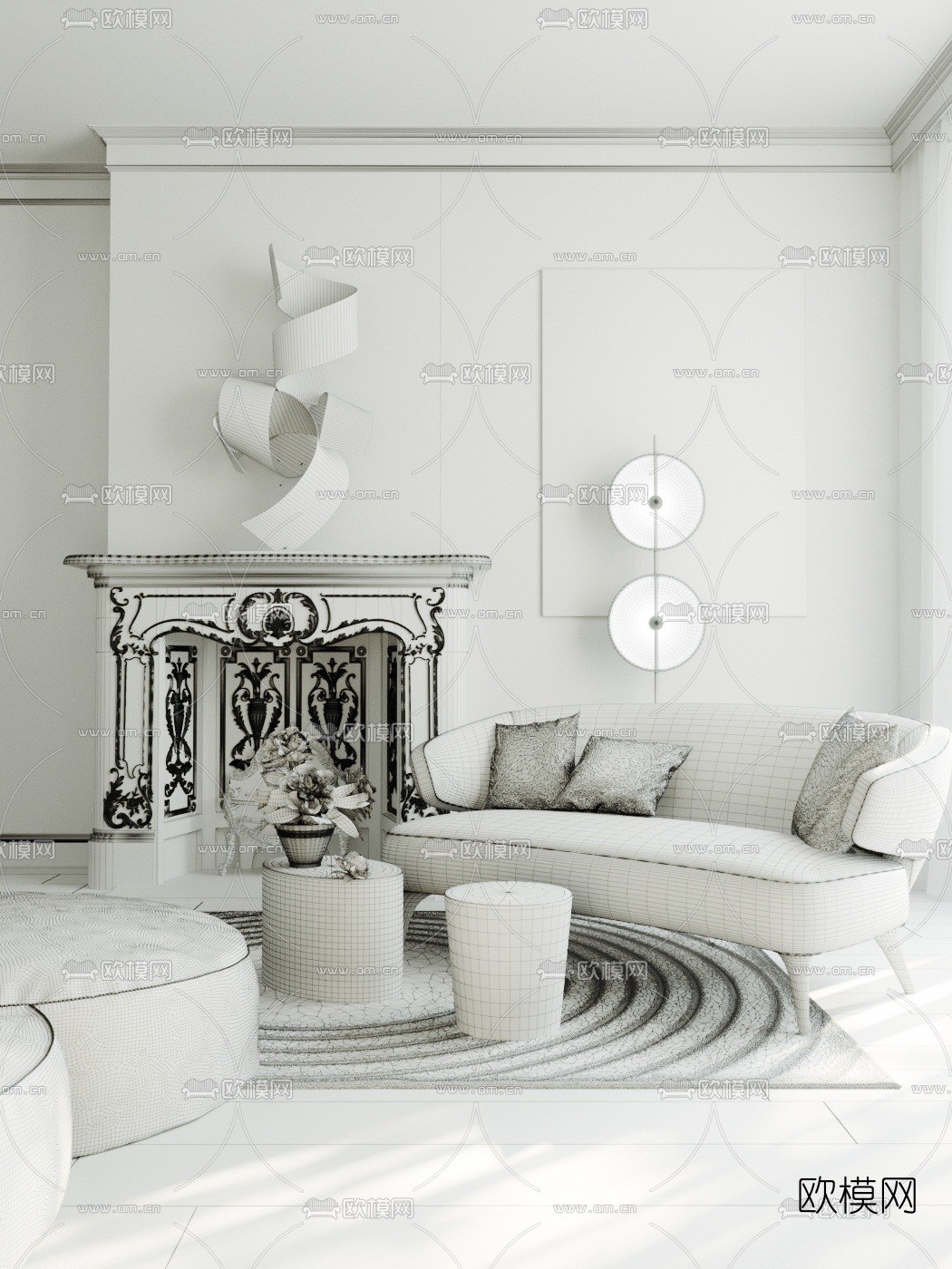现代客厅沙发壁炉组合3d模型下载（渲染图3）