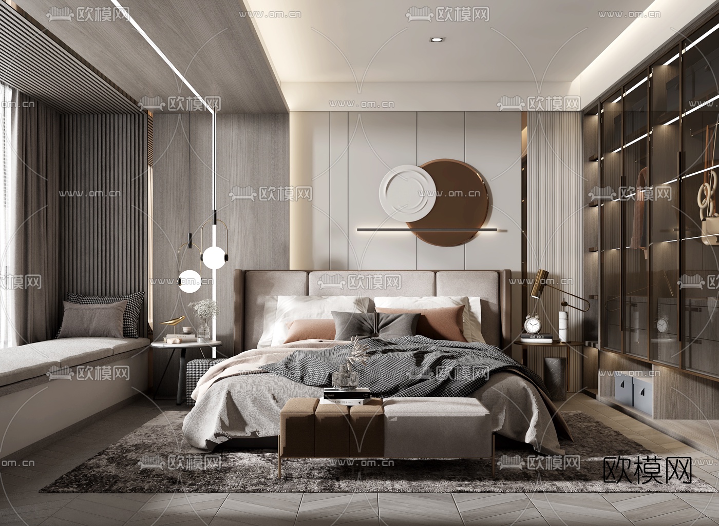 现代卧室主人房3d模型下载（渲染图1）