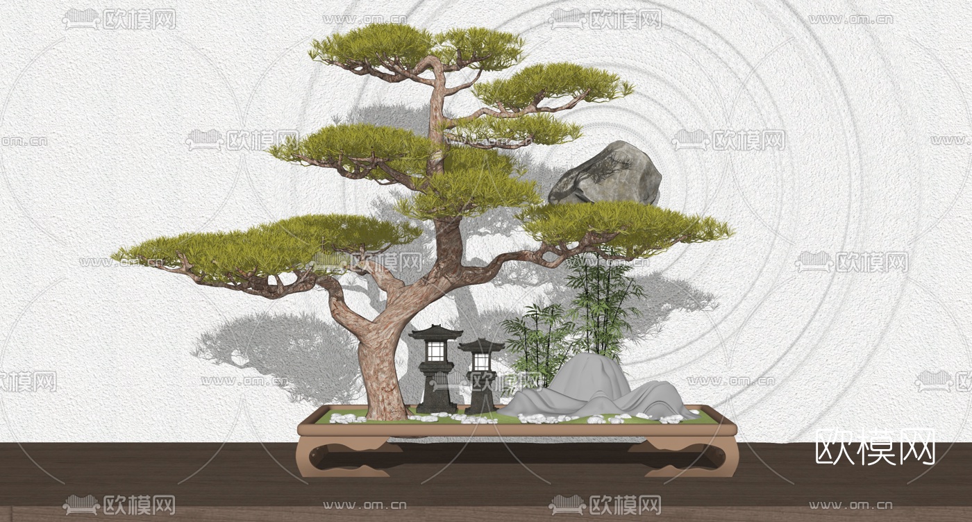 新中式罗汉松树盆栽su模型