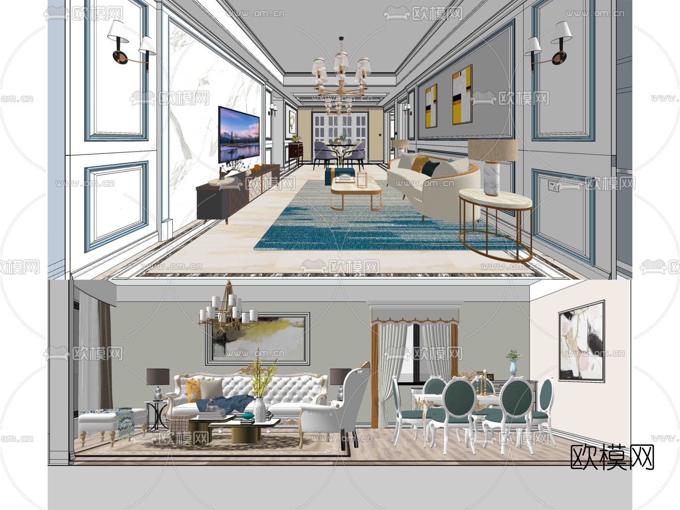 简欧客厅餐厅su模型下载（渲染图1）