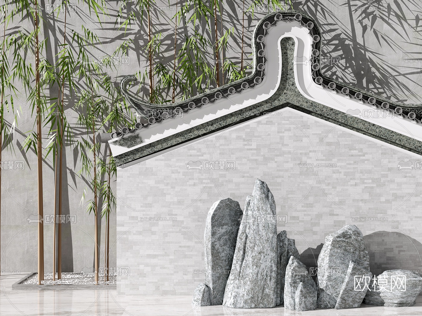 新中式翠竹马头墙园艺小品3d模型下载