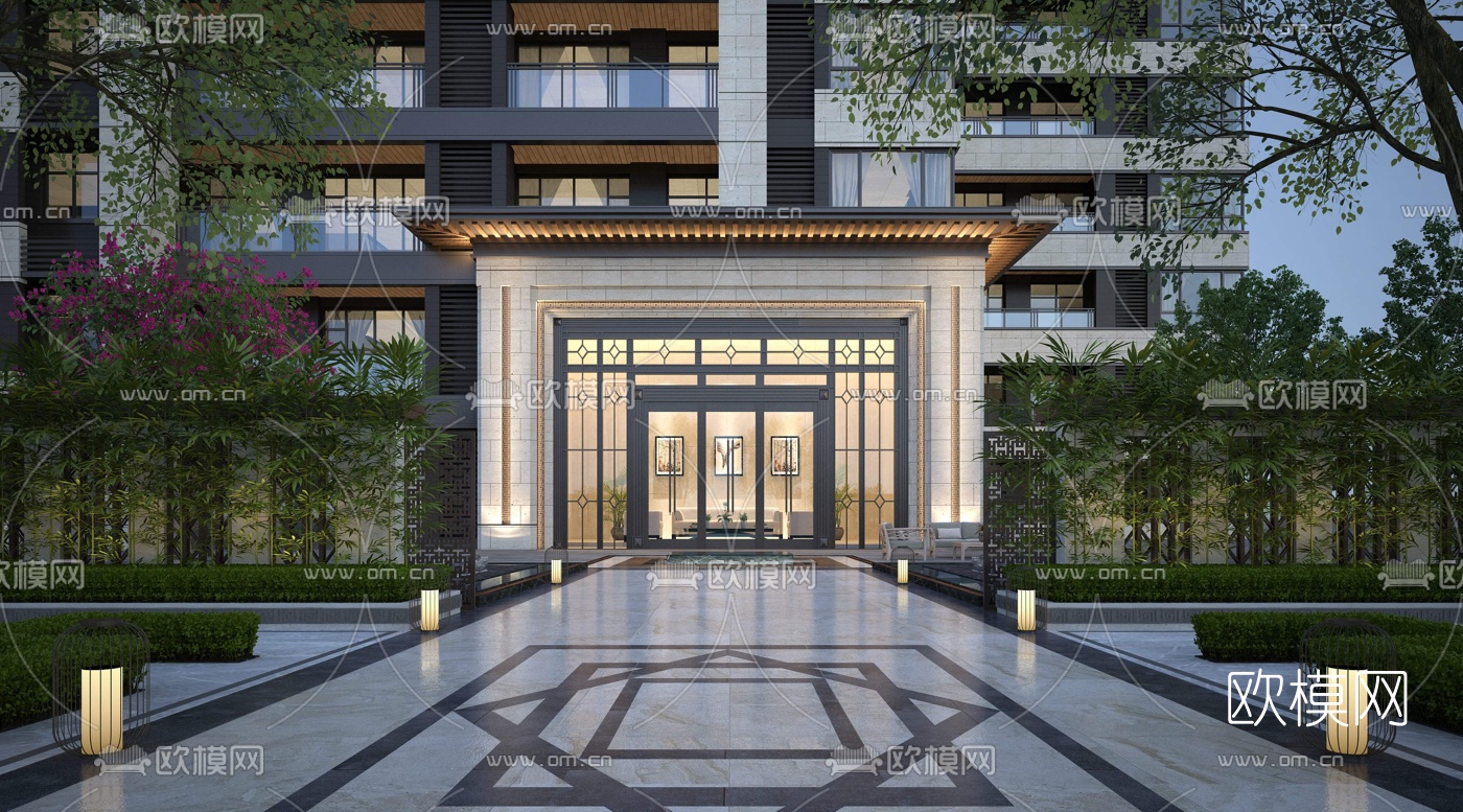 新中式住宅楼入口门头3d模型下载