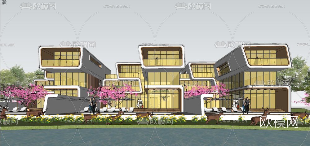 现代滨海度假别墅外观su模型下载（渲染图2）