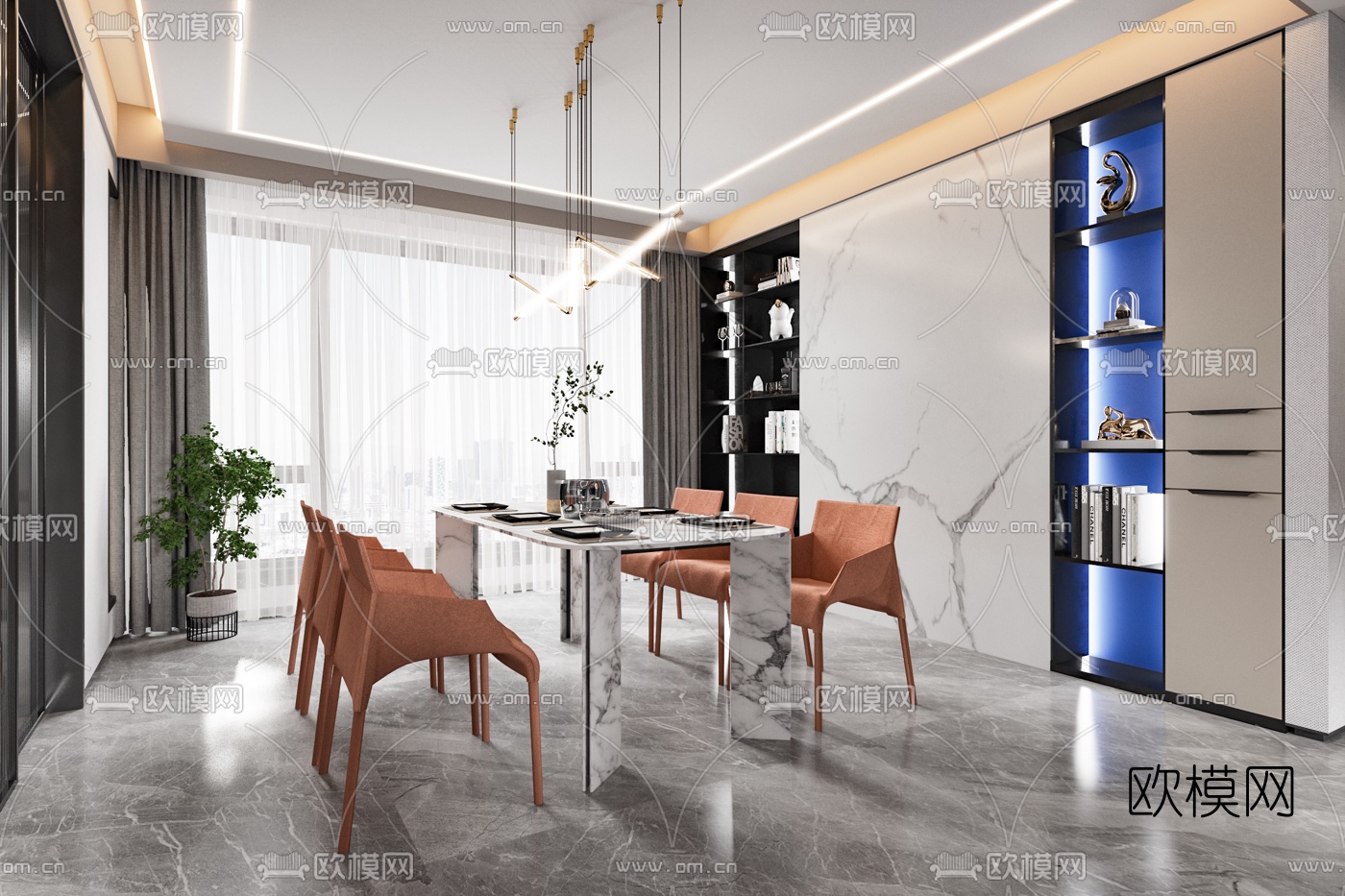 现代轻奢客厅餐厅3d模型下载（渲染图4）