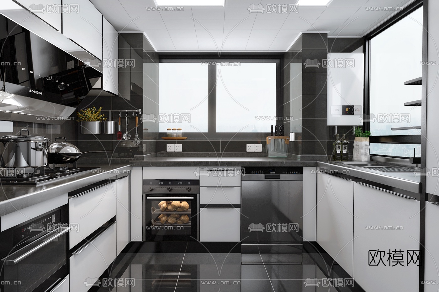 现代厨房su模型下载（渲染图1）