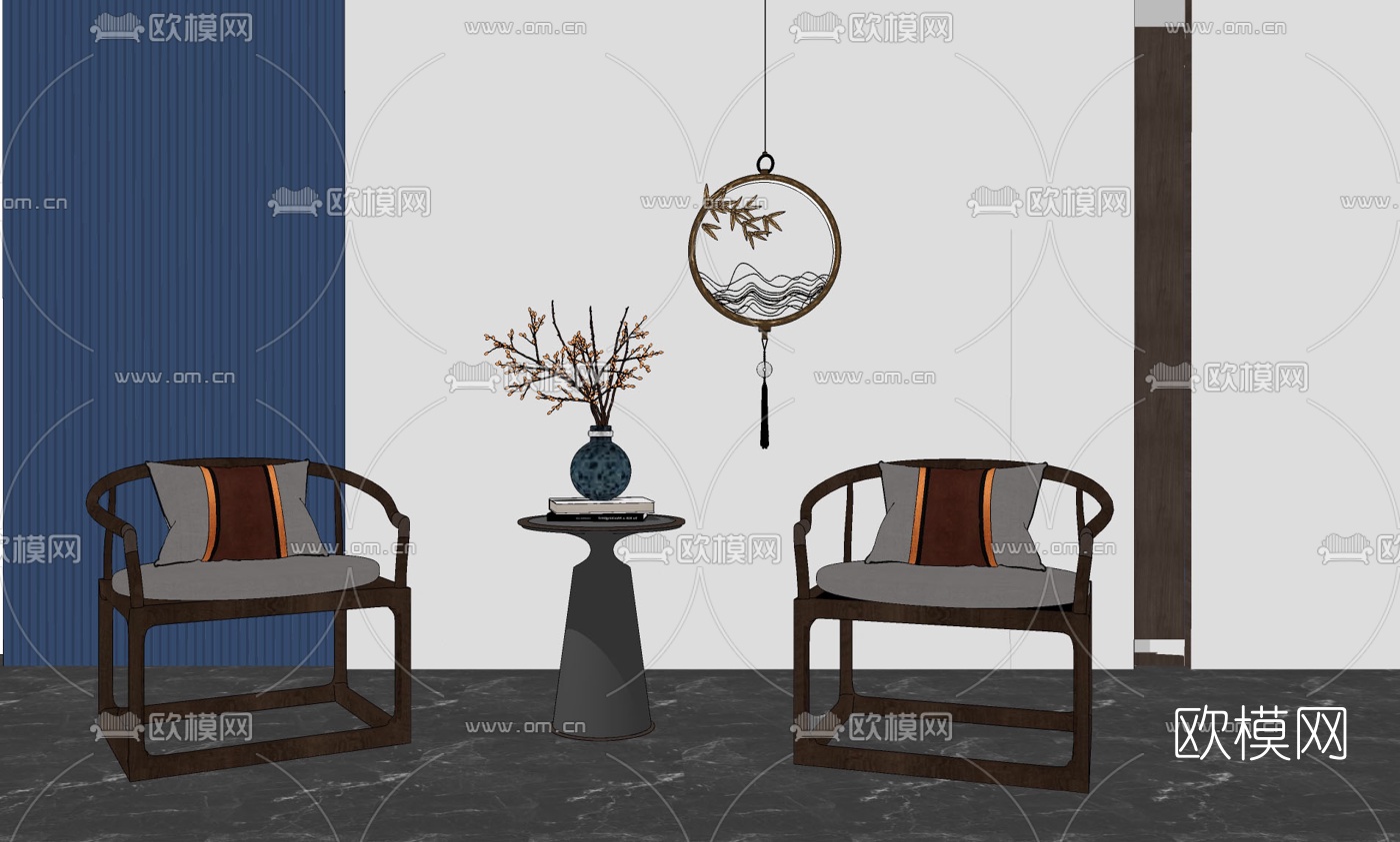 新中式布艺休闲椅su模型下载
