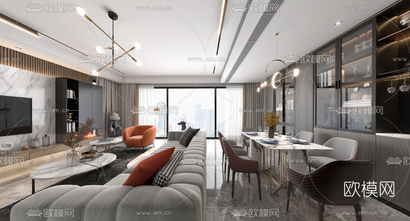 现代客厅餐厅vr全景3d模型