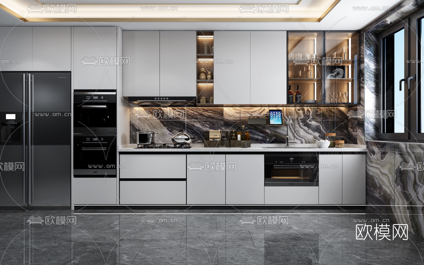 现代轻奢厨房橱柜3d模型下载（渲染图1）