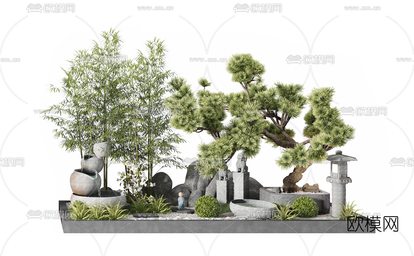 现代植物假山小景3d模型