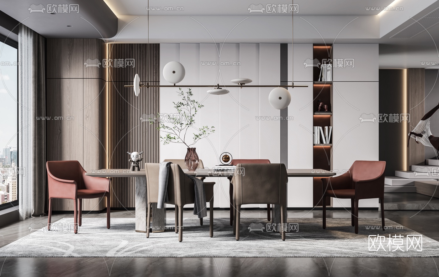 现代条形餐桌椅3d模型