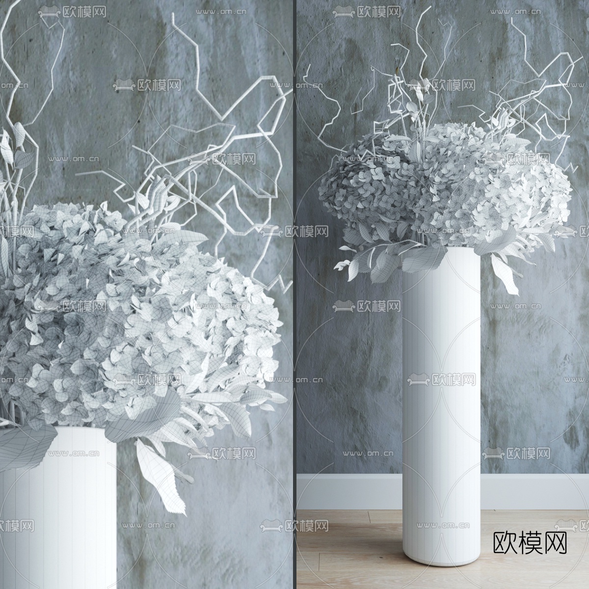现代白色花卉玻璃花瓶3d模型下载（渲染图2）