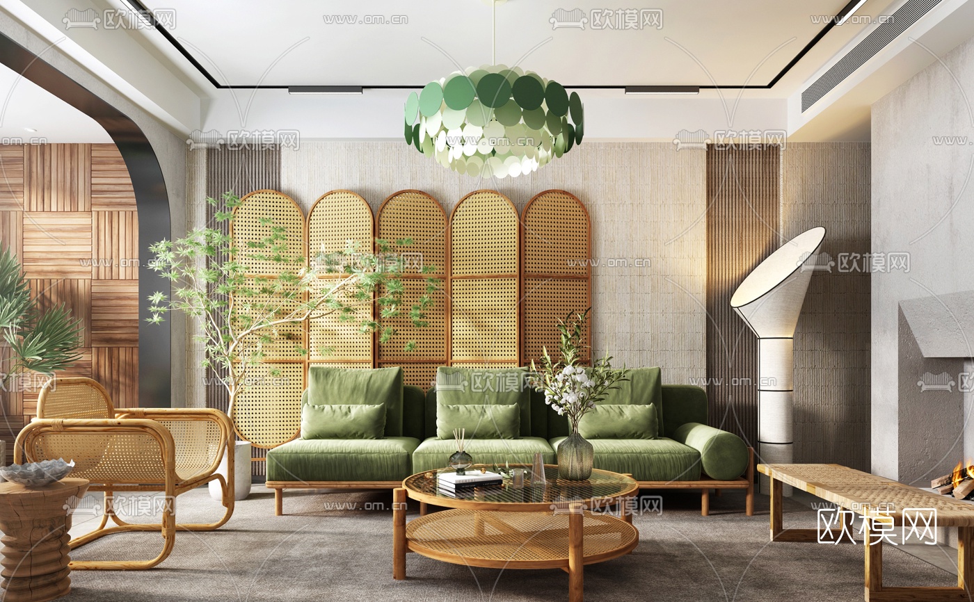 自然风布艺沙发组合3d模型下载（渲染图2）