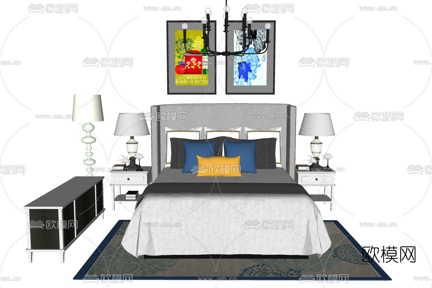 现代布艺双人床su模型下载