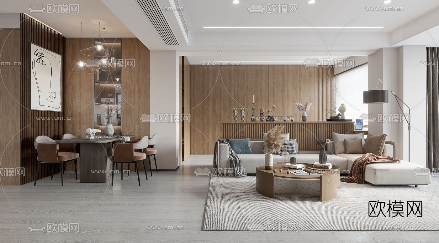 现代客厅餐厅3d模型下载（渲染图1）