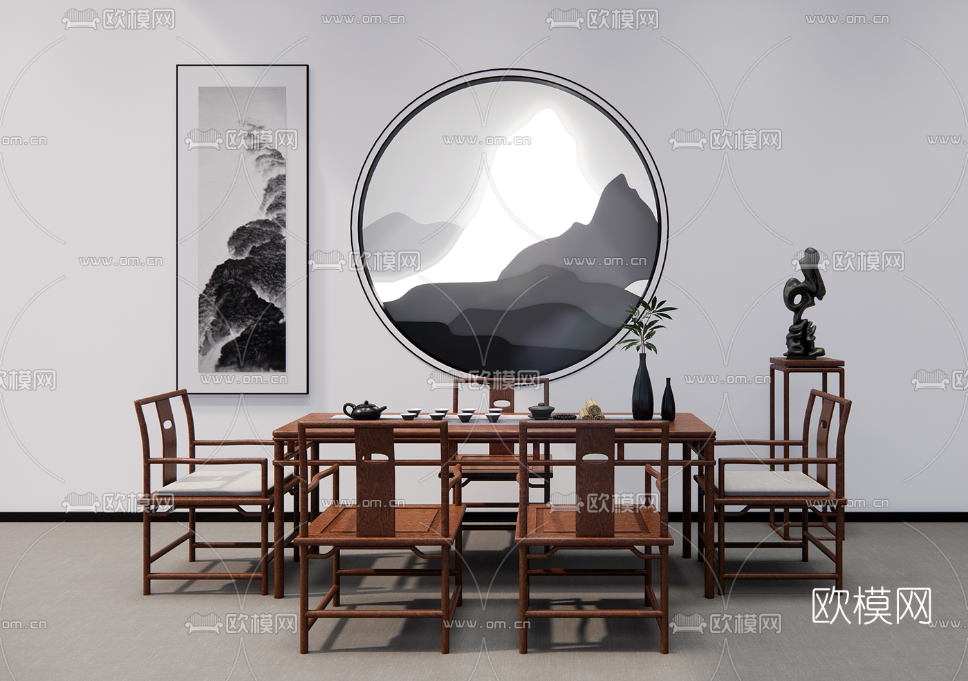 新中式茶桌椅su模型下载