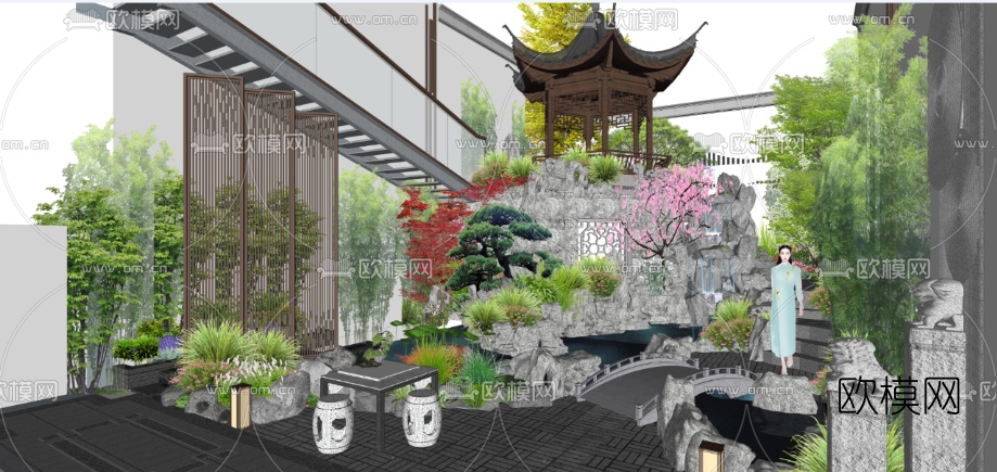 中式庭院景观su模型下载（渲染图4）