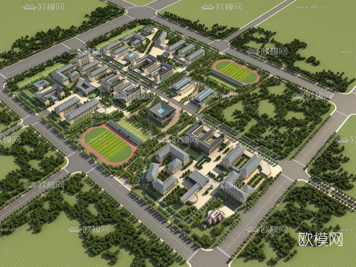 新中式学校鸟瞰3d模型下载
