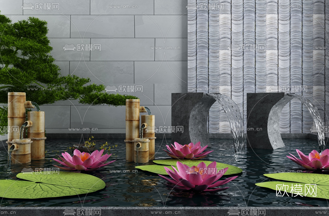 新中式荷花荷叶水景小品3d模型