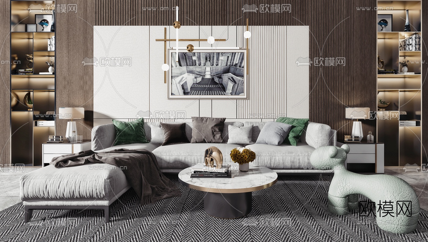 现代布艺转角沙发组合3d模型