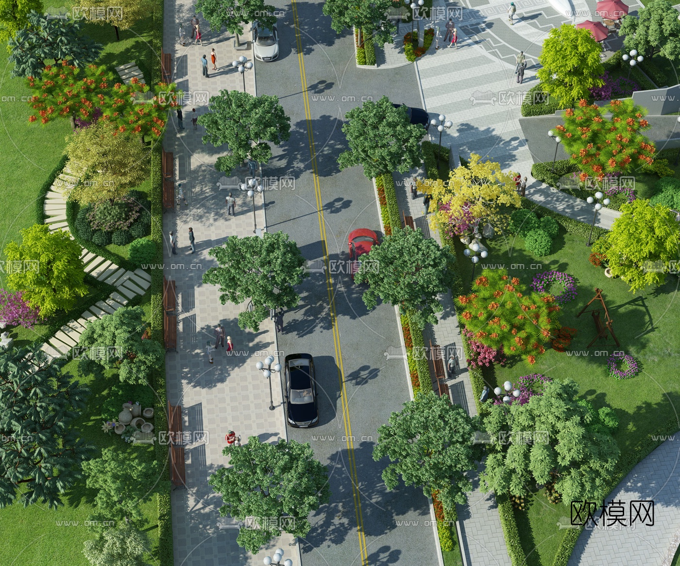 现代公园道路鸟瞰景观3d模型