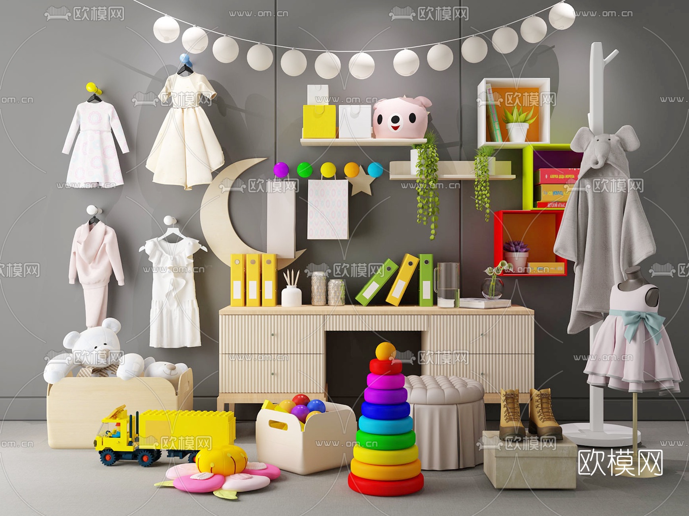 现代书桌小熊玩具小裙子3d模型下载