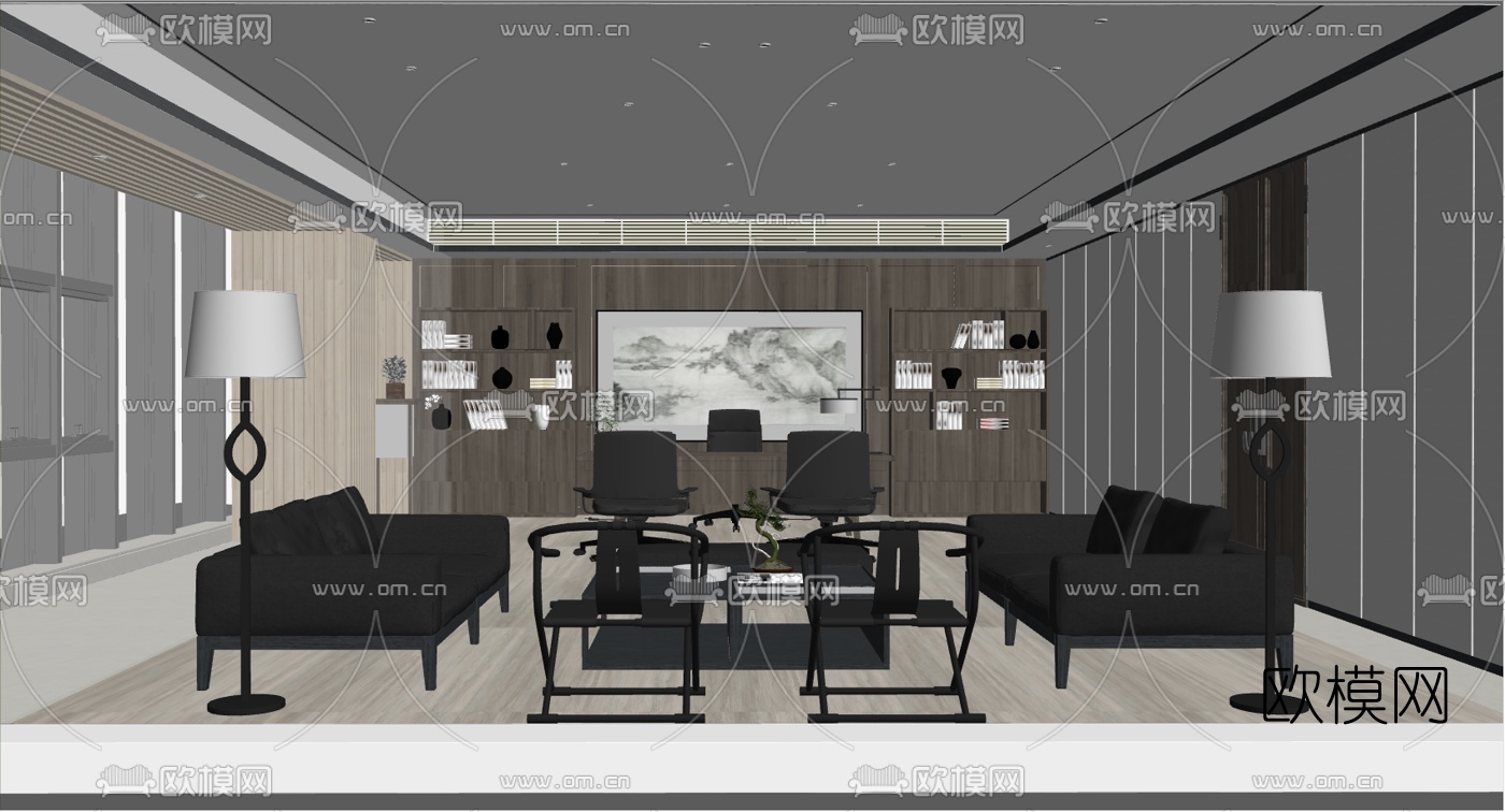 新中式经理办公室su模型-免费3dmax模型库-欧模网