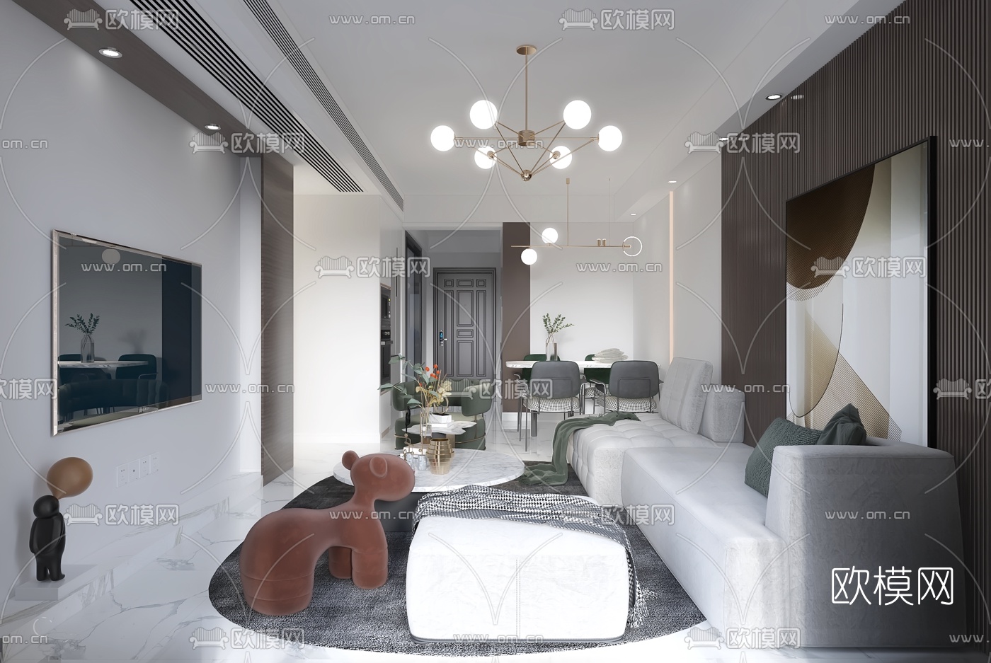 现代轻奢客厅餐厅3d模型下载（渲染图1）