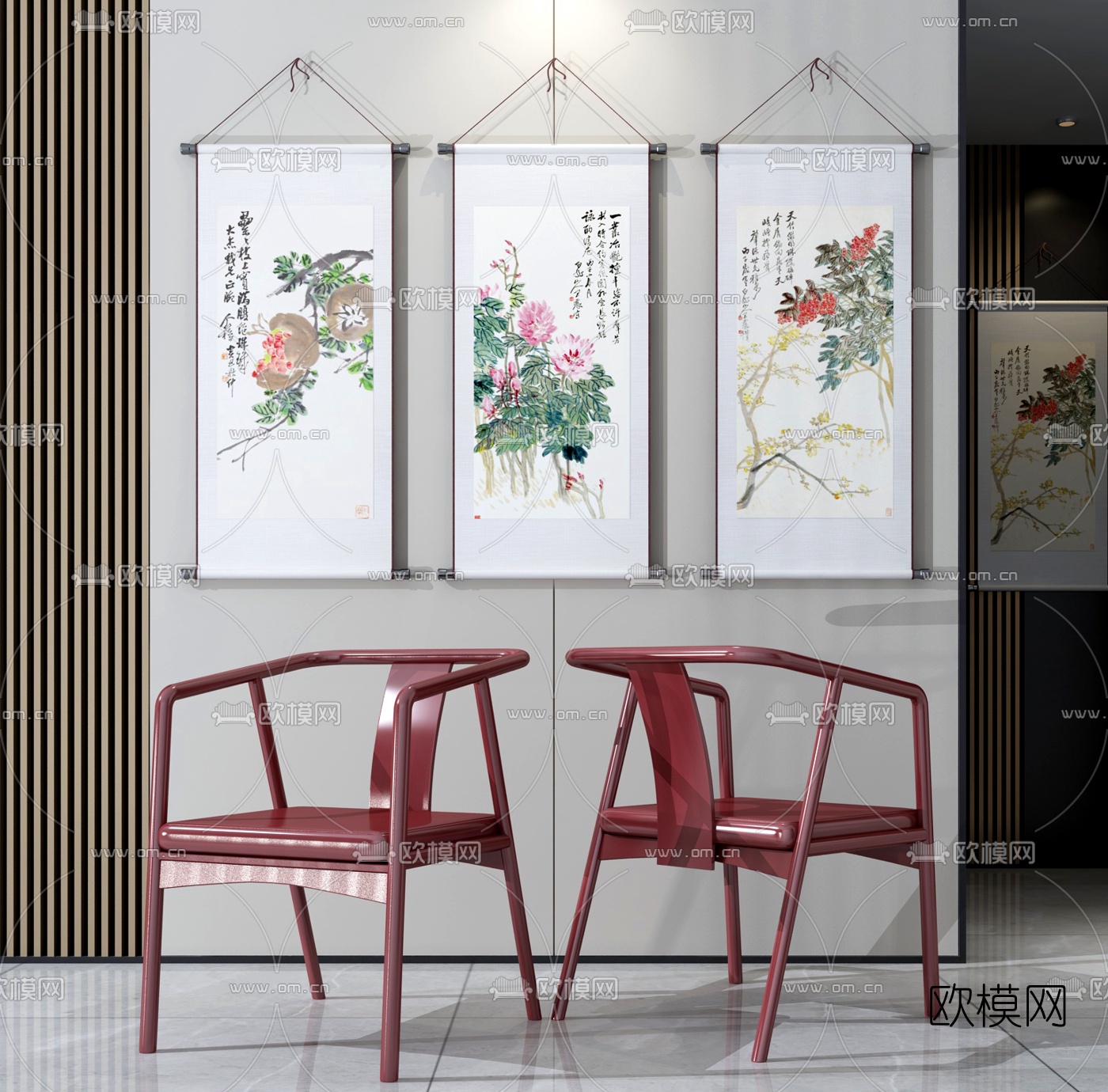 中式单椅挂画组合3d模型下载